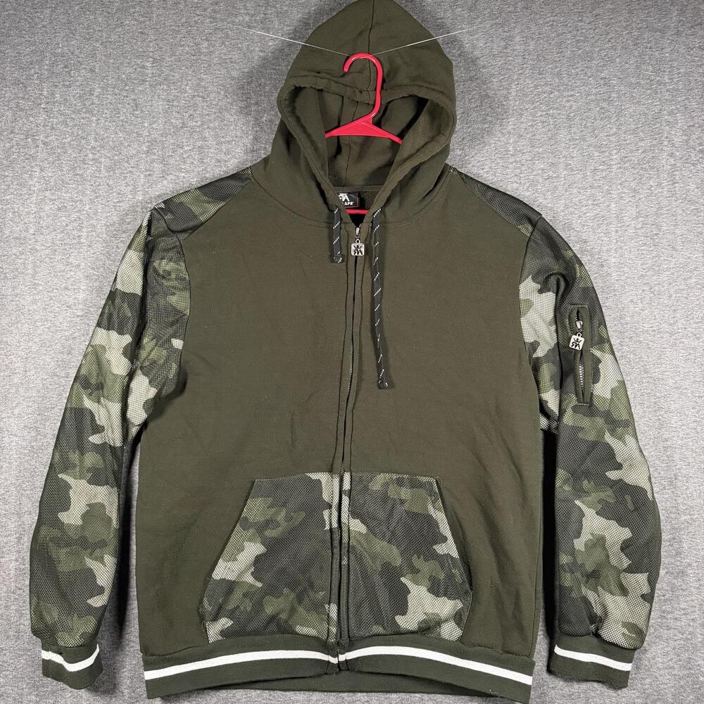 Red Ape Mens XL Hoodie Green Camo Mesh Sleeve Full Zip Y2K Streetwear 2000s Logo
